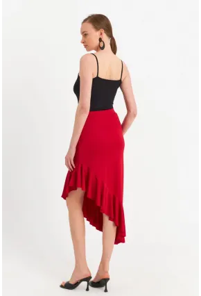 Kadın Kırmızı Asimetrik Pileli Etek EV741