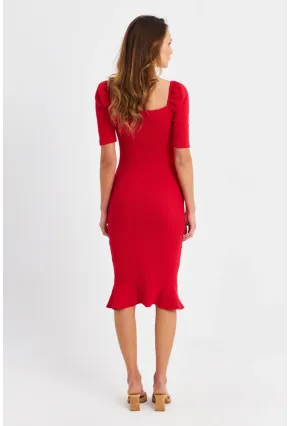 Kadın Kırmızı Balon Kol Eteği Volanlı Mevsimlik Midi Elbise Yİ2244