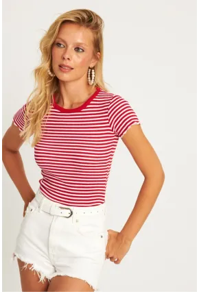 Kadın Kırmızı-Beyaz Çizgili Bluz XL2005