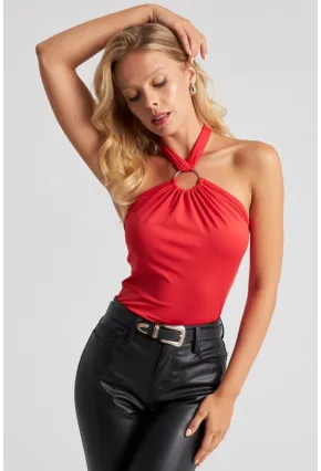Kadın Kırmızı Boyun Bağlamalı Halkalı Crop Bluz EY2674
