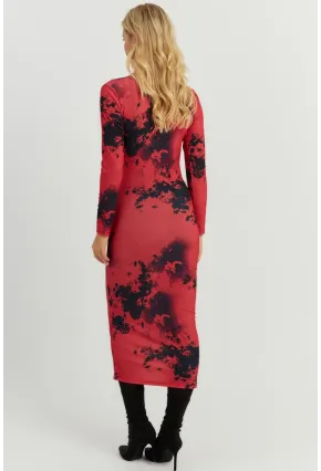 Kadın Kırmızı Büzgülü Desenli Midi Elbise MON118