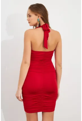 Kadın Kırmızı Büzgülü Mini Elbise DCF033-90