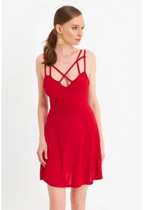 Kadın Kırmızı Çapraz Askılı Mini Elbise ELT182