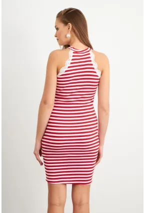 Kadın Kırmızı Dantel Detaylı Çizgili Midi Elbise MK36