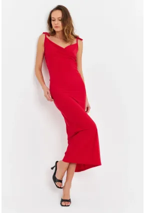 Kadın Kırmızı Degaje Maxi Elbise HOR0071