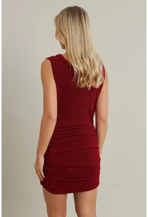 Kadın Kırmızı Degaje Yaka Büzgülü Mini Elbise YEL96