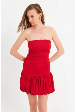 Kadın Kırmızı Drapeli Mini Elbise B6033