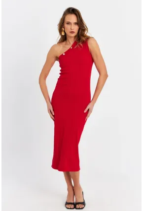 Kadın Kırmızı Düğme Aksesuarlı Kaşkorse Midi Elbise EY3081