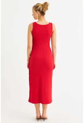 Kadın Kırmızı Düğme Detaylı Kaşkorse Midi Elbise EY2837
