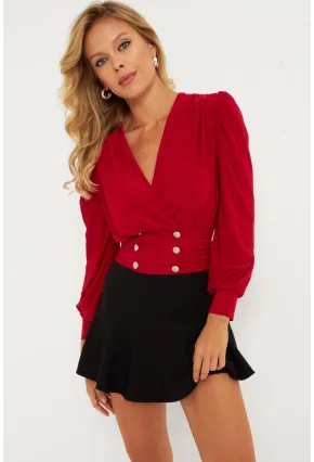 Kadın Kırmızı Düğme Detaylı Kruvaze Bluz ELT3188