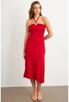 Kadın Kırmızı Halka Detaylı Midi Elbise EY3089