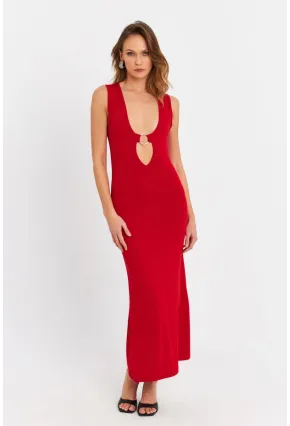 Kadın Kırmızı Halka Detaylı Pencereli Midi Elbise EY3078