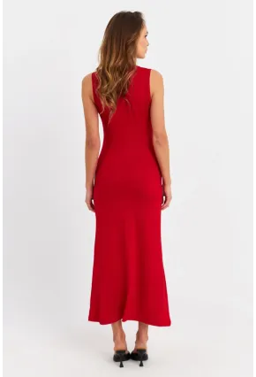 Kadın Kırmızı Halka Detaylı Pencereli Midi Elbise EY3078