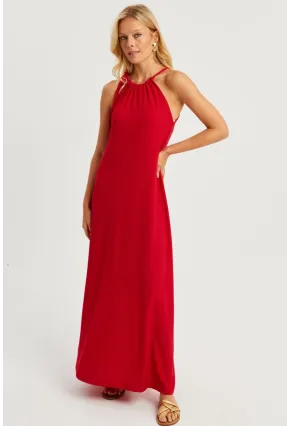 Kadın Kırmızı Halter Yaka Bürümcük Midi Elbise EY2788