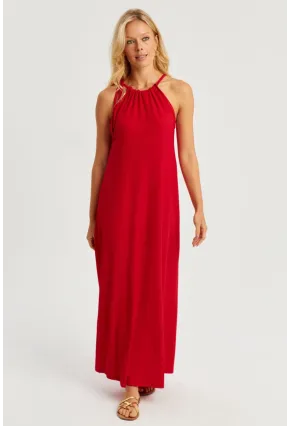 Kadın Kırmızı Halter Yaka Bürümcük Midi Elbise EY2788