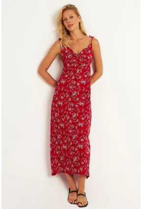 Kadın Kırmızı İp Askılı Çiçekli Midi Elbise GÇ172