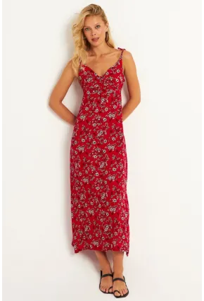 Kadın Kırmızı İp Askılı Çiçekli Midi Elbise GÇ172