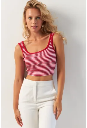 Kadın Kırmızı Kare Yaka Çizgili Bluz XL2036