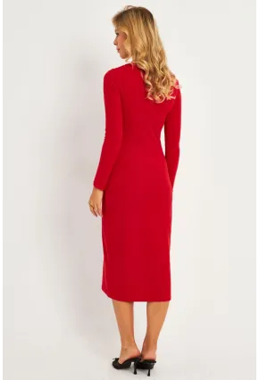 Kadın Kırmızı Kare Yaka Midi Elbise CG382