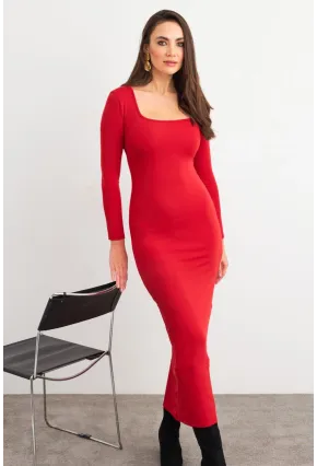 Kadın Kırmızı Kare Yaka Midi Elbise XC8102