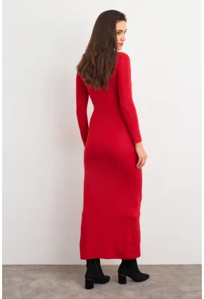 Kadın Kırmızı Kare Yaka Midi Elbise XC8102