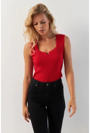 Kadın Kırmızı Kare Yaka Triko Bluz SMT243