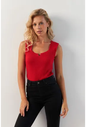 Kadın Kırmızı Kare Yaka Triko Bluz SMT243
