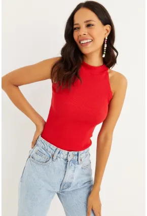 Kadın Kırmızı Kaşkorse Kolsuz Bluz Yİ1566
