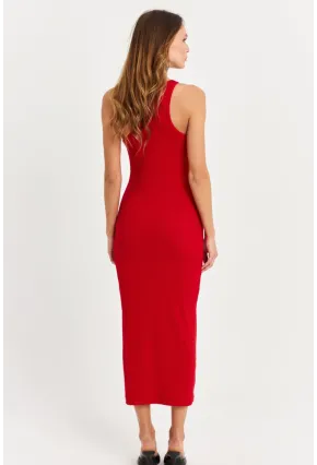 Kadın Kırmızı Kolsuz Kaşkorse Midi Elbise EY3049