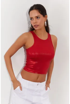 Kadın Kırmızı Metalik Crop Bluz LPP1218