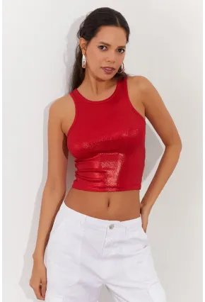 Kadın Kırmızı Metalik Crop Bluz LPP1218