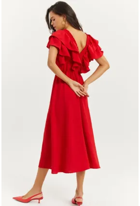 Kadın Kırmızı Ön Arka V Volanlı Elbise KS113