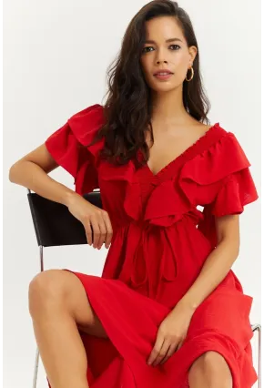 Kadın Kırmızı Ön Arka V Volanlı Elbise KS113