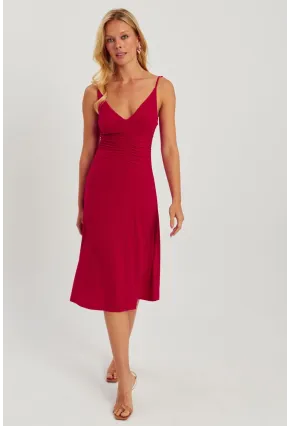 Kadın Kırmızı Önü Büzgülü Midi Elbise HO046