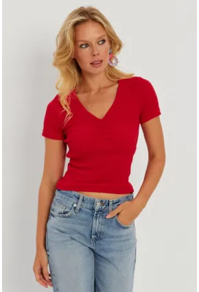 Kadın Kırmızı Önü Büzgülü V Yaka Bluz AYD309