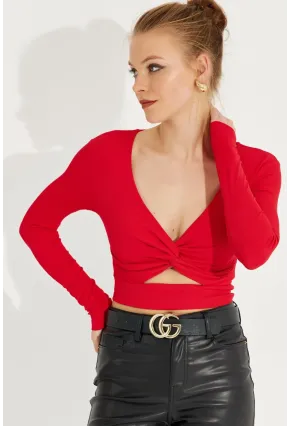 Kadın Kırmızı Önü Düğümlü Crop Bluz AYD244