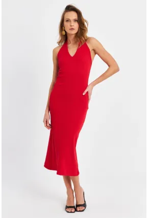 Kadın Kırmızı Pencereli Kaşkorse Midi Elbise EY3063