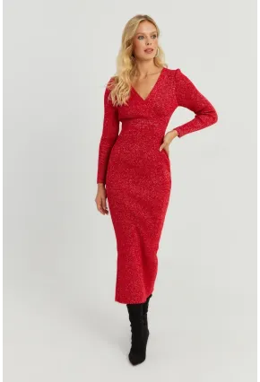 Kadın Kırmızı Simli Kruvaze Triko Maxi Elbise KED3578