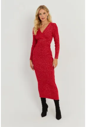 Kadın Kırmızı Simli Kruvaze Triko Maxi Elbise KED3578