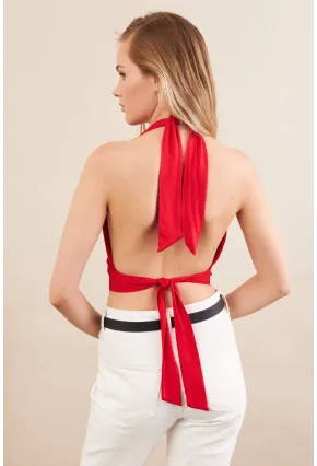 Kadın Kırmızı Sırt Ve Boyun Bağlamalı Bluz EY1472