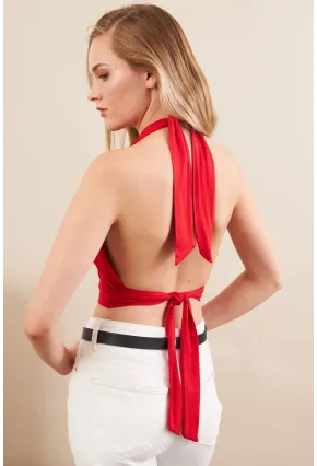 Kadın Kırmızı Sırt Ve Boyun Bağlamalı Bluz EY1472