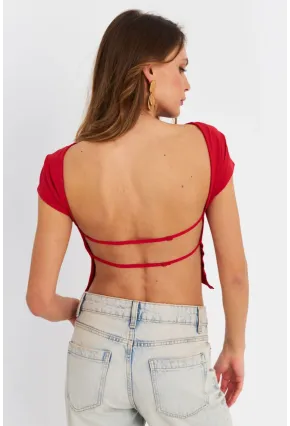 Kadın Kırmızı Sırtı Açık Crop Bluz ZH007