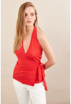Kadın Kırmızı Sırtı Açık Kruvaze Bluz Ey3095