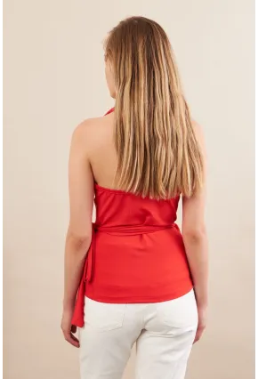 Kadın Kırmızı Sırtı Açık Kruvaze Bluz Ey3095