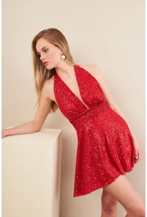 Kadın Kırmızı Sırtı Açık Payetli Astarlı Mini Elbise DCF046