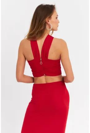 Kadın Kırmızı Sırtı Açık Pencereli Maxi Elbise DCF232