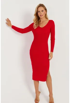 Kadın Kırmızı Sırtı Çapraz Triko Midi Elbise YZ407