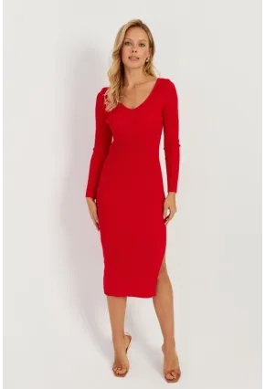 Kadın Kırmızı Sırtı Çapraz Triko Midi Elbise YZ407