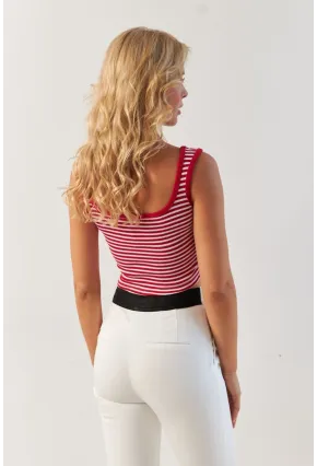 Kadın Kırmızı-Siyah İkili Kare Yaka Çizgili Bluz XL2040