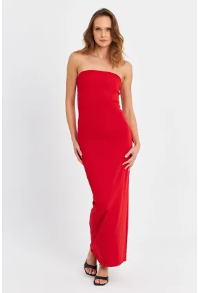 Kadın Kırmızı Straplez Yırtmaçlı Midi Elbise XC005